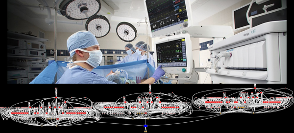 A realistic hospital environment includes thousands of patients and hundreds of thousands of devices. Reliable monitoring technology must find the right patient and guarantee delivery of that patient’s data to the right analysis or staff. In the connectivity map above, every red dot is a “fog routing node”, responsible for passing the right data up to the next layer.